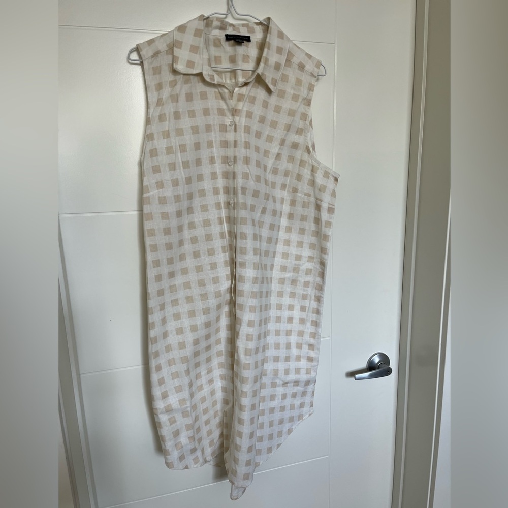 Saks Fifth Avenue Beige and White Sleeveless Dress - Linen Blend